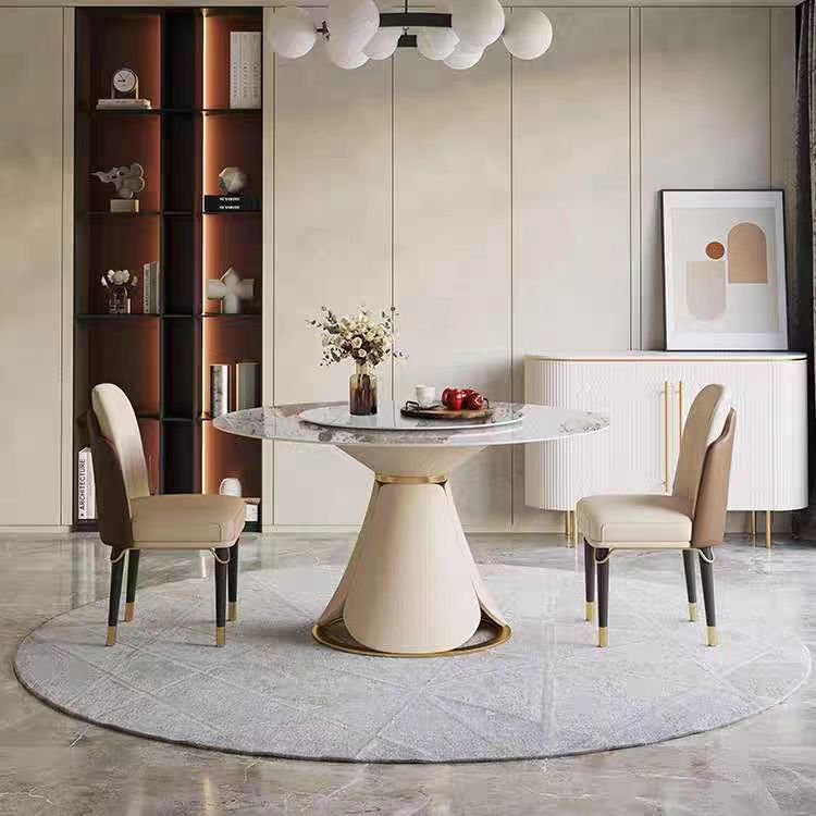 Italian Luxury Dining Room Furniture Modern White Rock Plate Round Dining Table with Stainless Steel Base and Rotating Turntable
