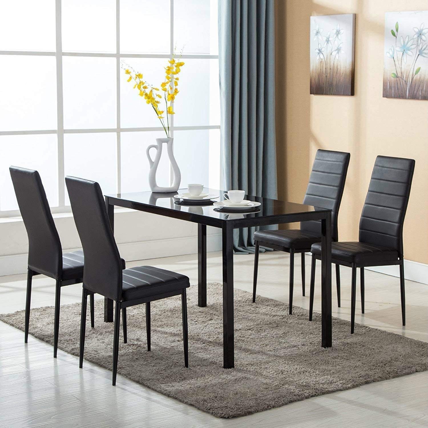Wholesale Modern Glass Rectangular Top Metal Base Dining Table And Pu Leather Chair Set For 4