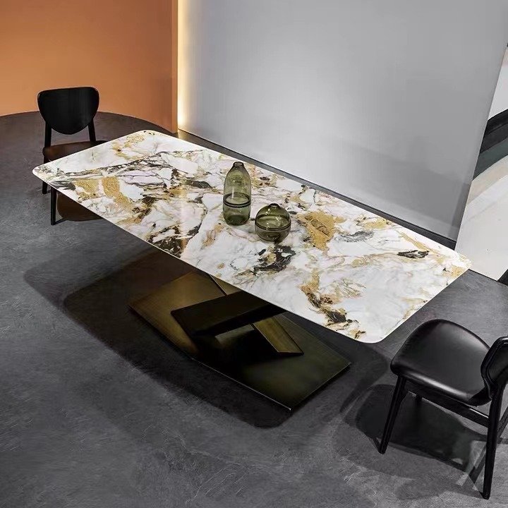 Hotel hot sell natural metal leg modern maple pattern marble top dining table set