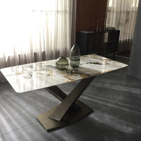 Hotel hot sell natural metal leg modern maple pattern marble top dining table set