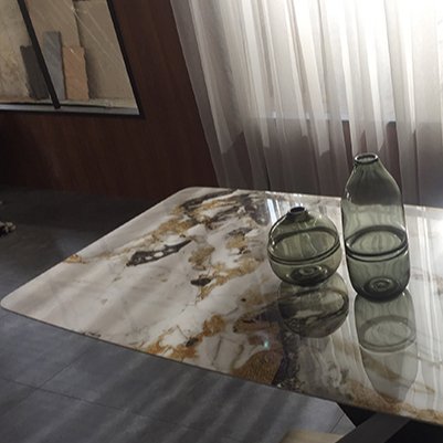 Hotel hot sell natural metal leg modern maple pattern marble top dining table set