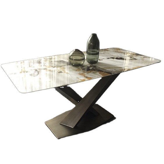 Hotel hot sell natural metal leg modern maple pattern marble top dining table set
