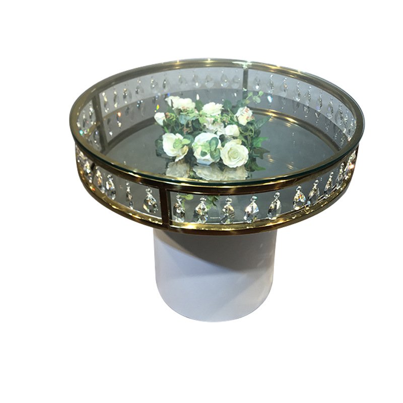 Luxury gold stainless steel crystal side round mirrored wedding cake table