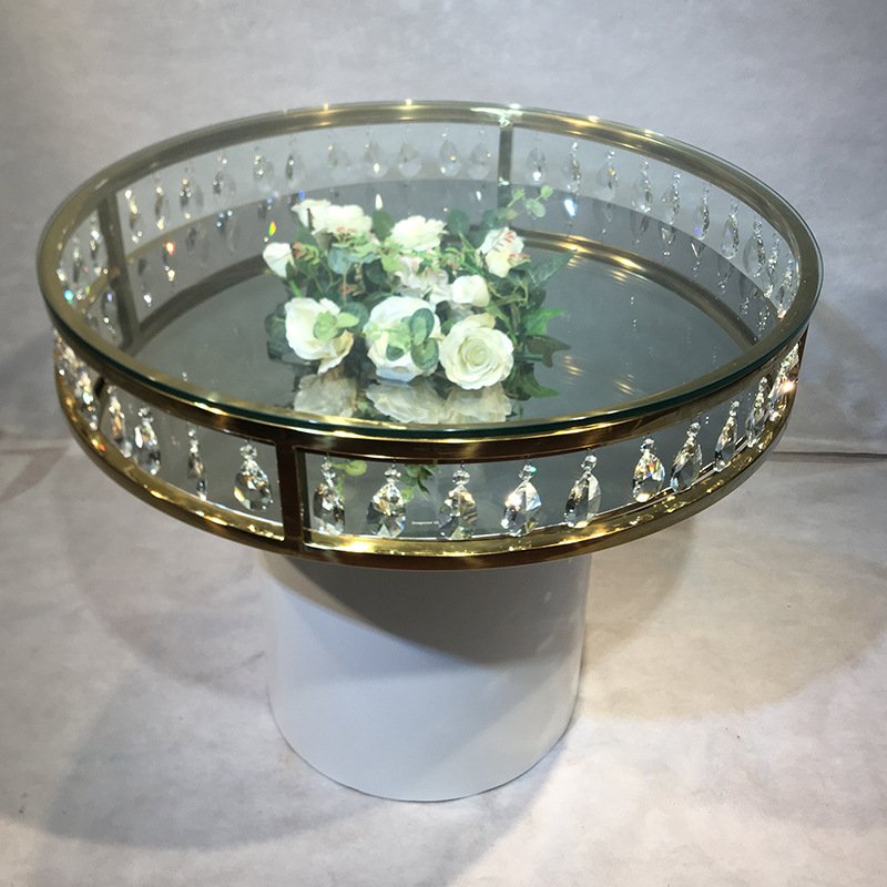 Luxury gold stainless steel crystal side round mirrored wedding cake table