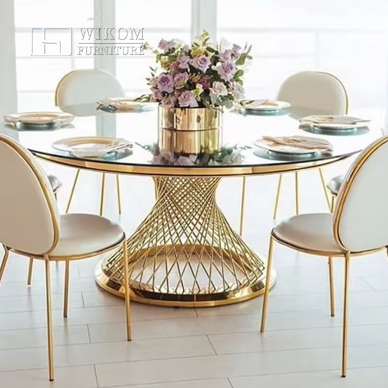 Modern design glass round dinner table for wedding event party stainless steel wedding table luxury golden dining table