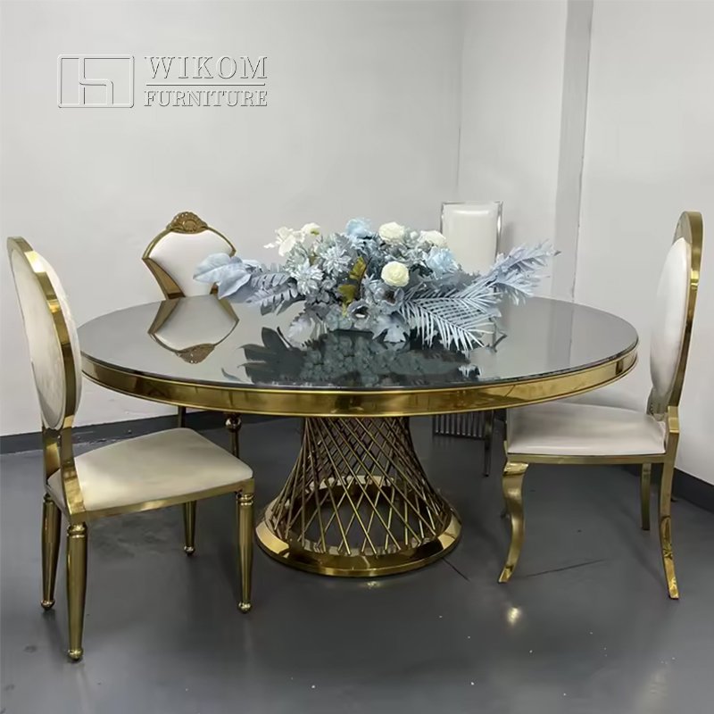 Modern design glass round dinner table for wedding event party stainless steel wedding table luxury golden dining table