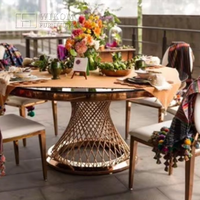Modern design glass round dinner table for wedding event party stainless steel wedding table luxury golden dining table