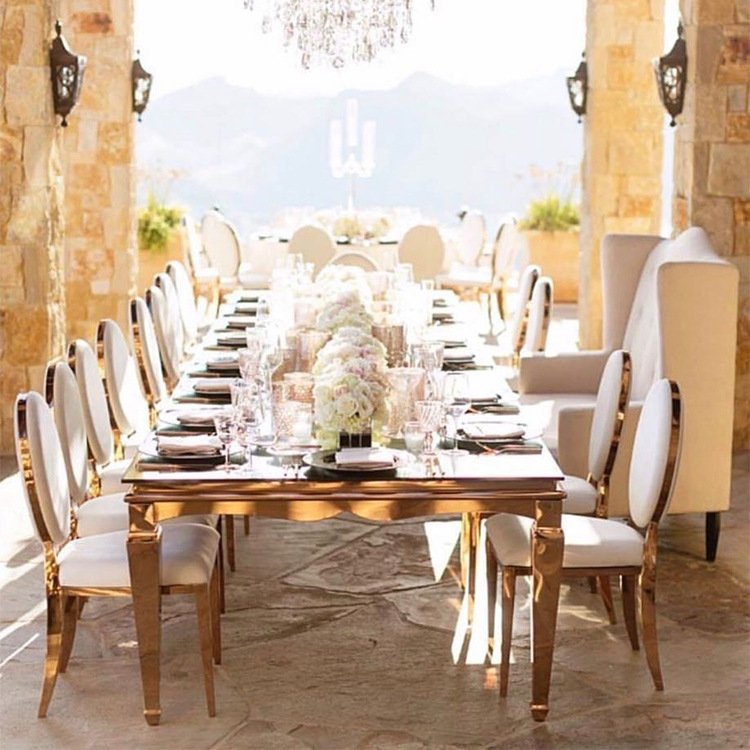 Rectangle Silver Stainless Steel Frame Straight Leg Wedding Event Banquet Mirror Glass Top Dining Table With Chair