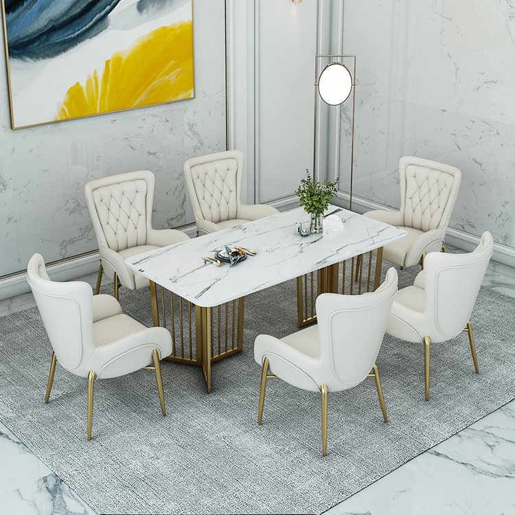 Luxury dining room furniture dining table and chair set with gold stainless steel frame and leather fabric chairs