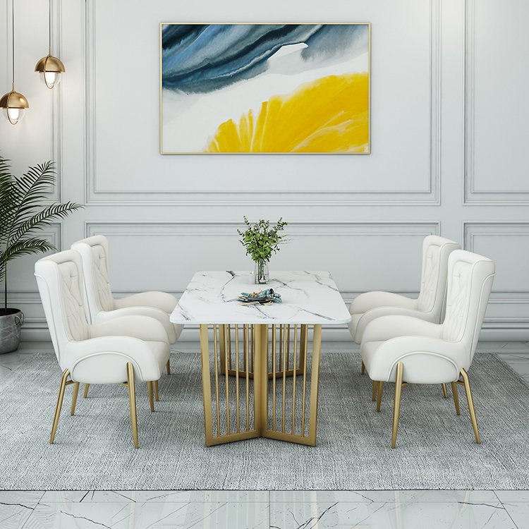 Luxury dining room furniture dining table and chair set with gold stainless steel frame and leather fabric chairs