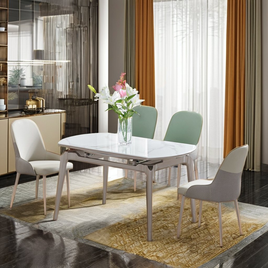 Modern Luxury Home Furniture Dinning Table And Chair Set Marble Look Top Round White Marble Dinning Table