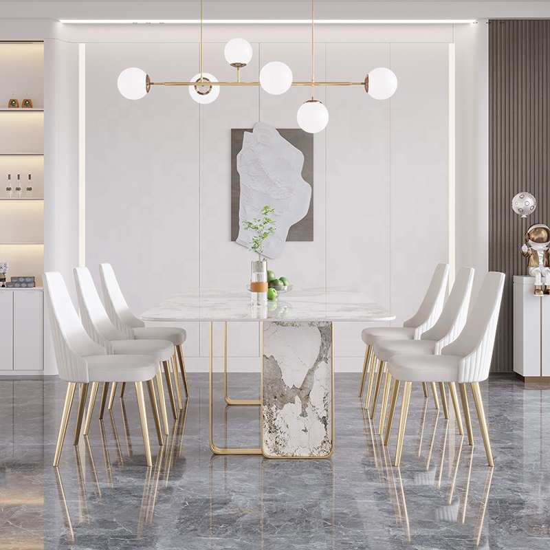 dining table set luxury Italian dining table set modern corner marble top 6 piece stainless steel marble dining room table set