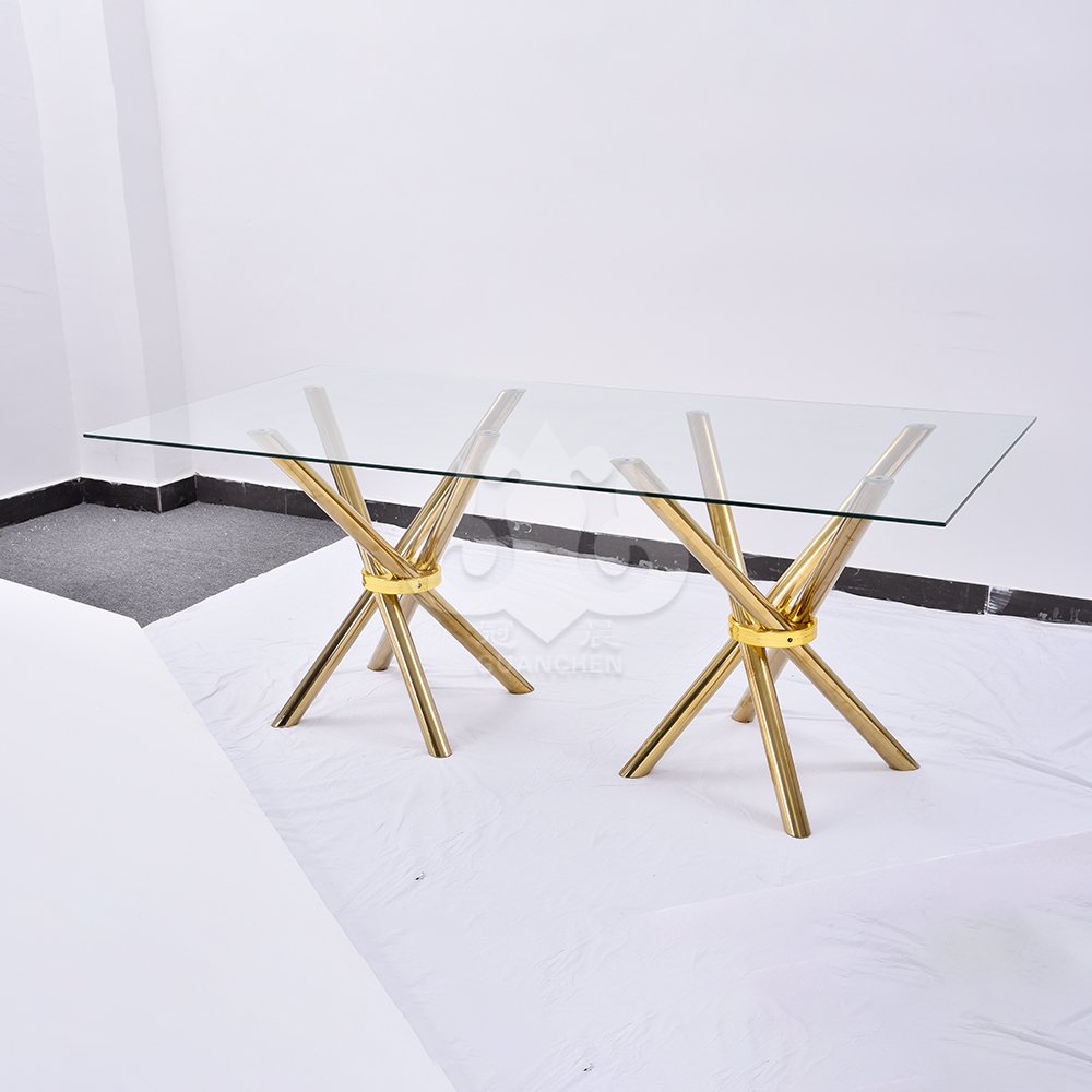 Hotel glass top rectangle stainless steel base fancy wedding table for event