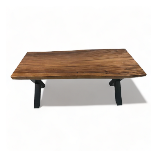 Solid walnut table with iron black legs and live edge natural slab Suar Dining table Hotel Furniture Hotel Tables