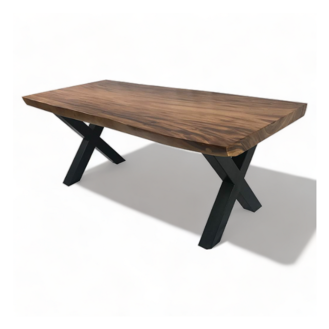 Solid walnut table with iron black legs and live edge natural slab Suar Dining table Hotel Furniture Hotel Tables