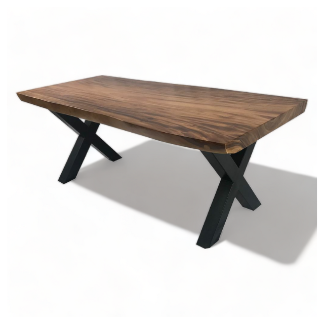 Solid walnut table with iron black legs and live edge natural slab Suar Dining table Hotel Furniture Hotel Tables