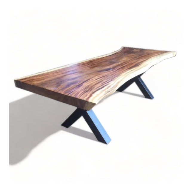 Solid walnut table with iron black legs and live edge natural slab Suar Dining table Hotel Furniture Hotel Tables