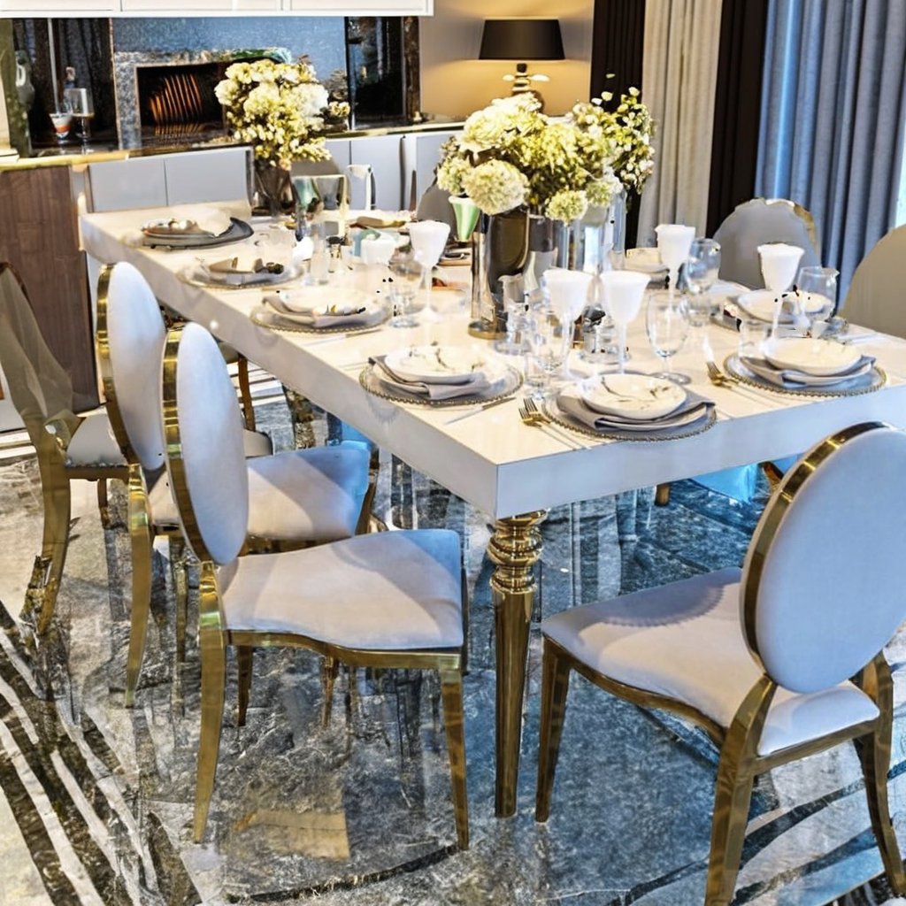 Modern Rectangular Wedding Dining Table Stainless Steel with Glass Top for Banquets Hotels Halls Farmhouses Parties