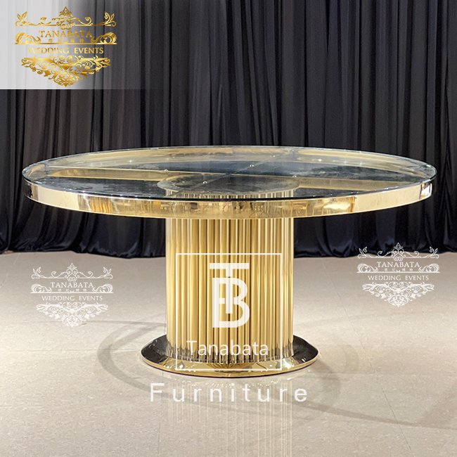 Luxurious stainless steel frame clear glass top dining gold table for wedding