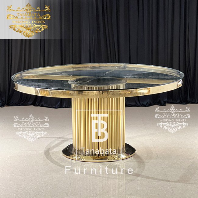 Luxurious stainless steel frame clear glass top dining gold table for wedding