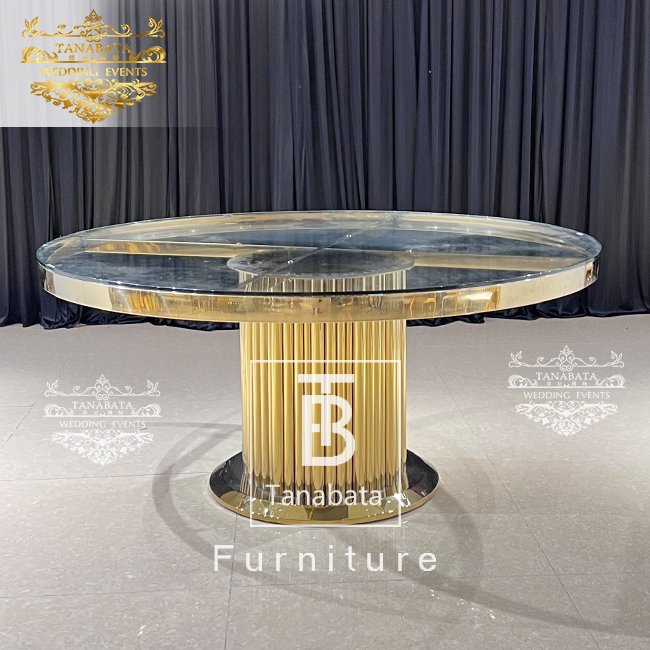 Luxurious stainless steel frame clear glass top dining gold table for wedding