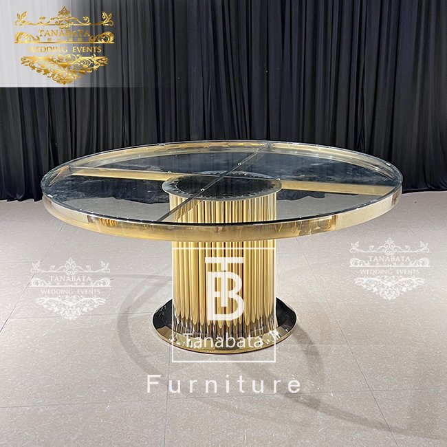 Luxurious stainless steel frame clear glass top dining gold table for wedding