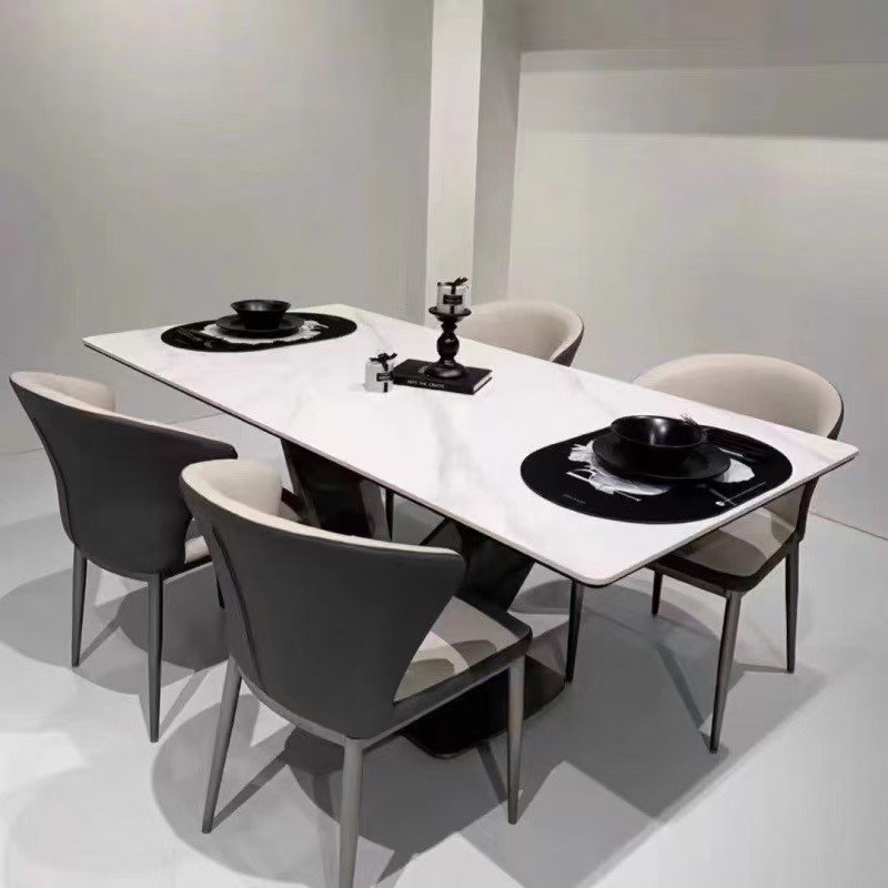 Modern High Quality Dining Room Furniture Light Luxury Golden Stainless Steel Base Rectangular White Marble Top Dining Tables