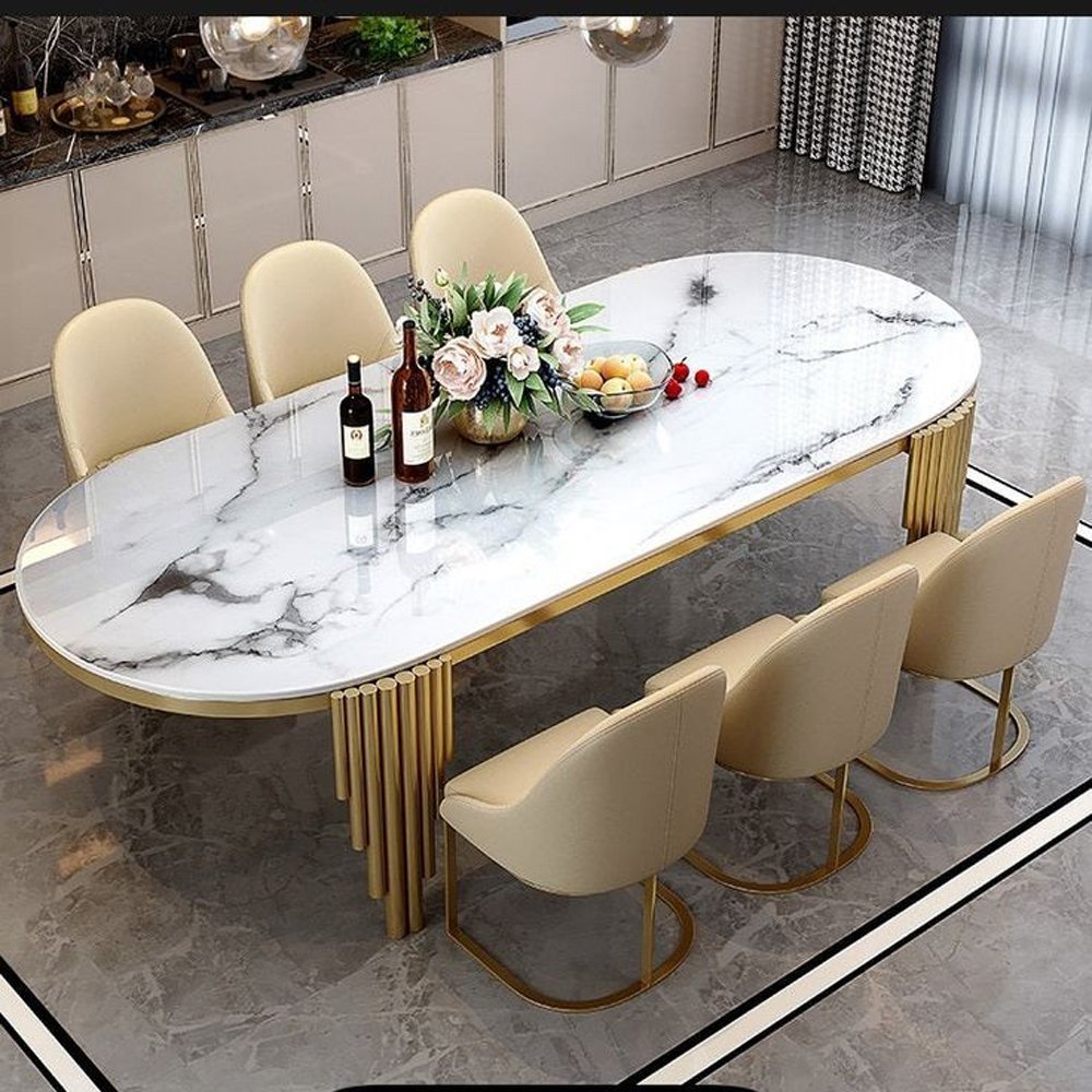 Elegant design golden stainless steel leg italian luxury marble top 6 seater dining table set modern dining room furniture
