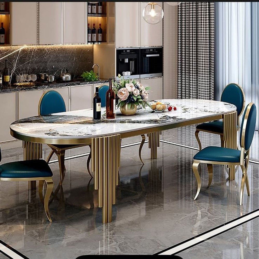 Elegant design golden stainless steel leg italian luxury marble top 6 seater dining table set modern dining room furniture