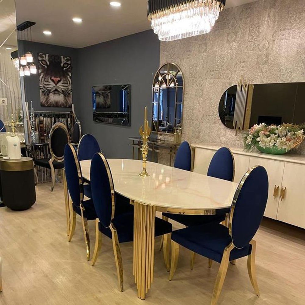 Elegant design golden stainless steel leg italian luxury marble top 6 seater dining table set modern dining room furniture