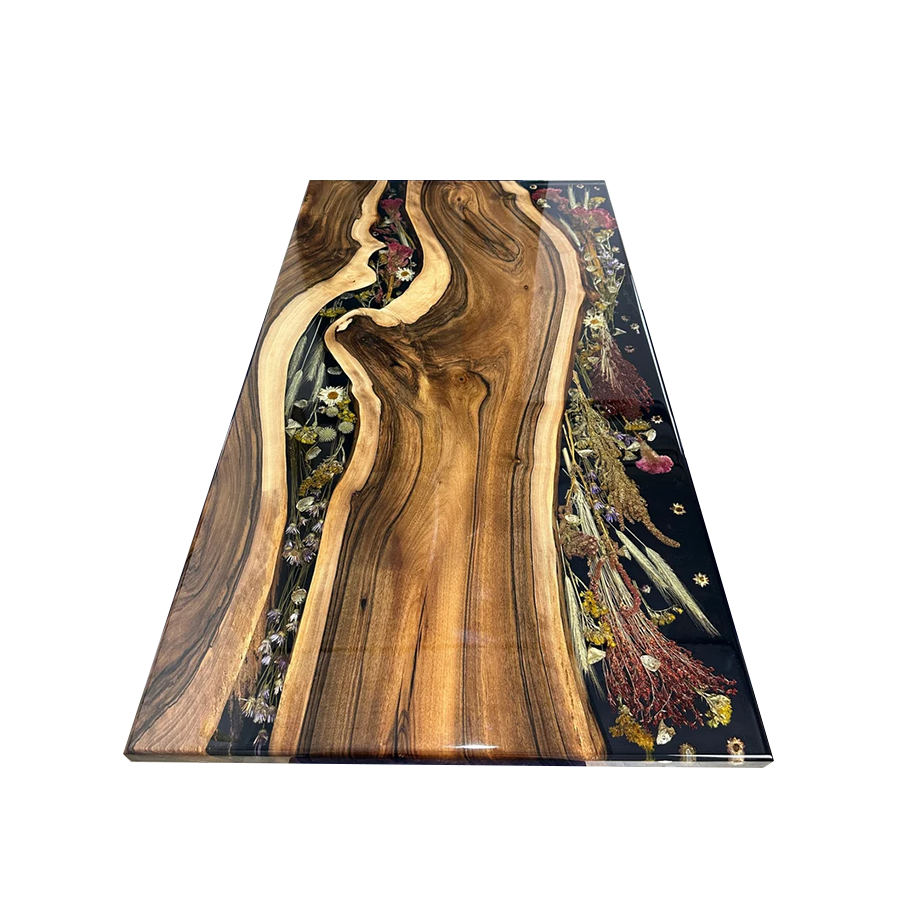 Factory wholesale wooden furniture solid wood slab walnut epoxy resin top transparent clear river creative dining table