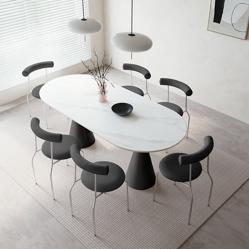 Modern 6-Seater Dining Table Set Travertine Oval Table with Sintered Stone and Chair Complete Dining Room Furniture
