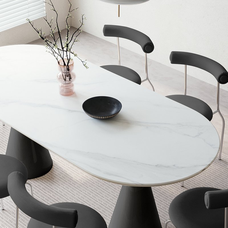 Modern 6-Seater Dining Table Set Travertine Oval Table with Sintered Stone and Chair Complete Dining Room Furniture