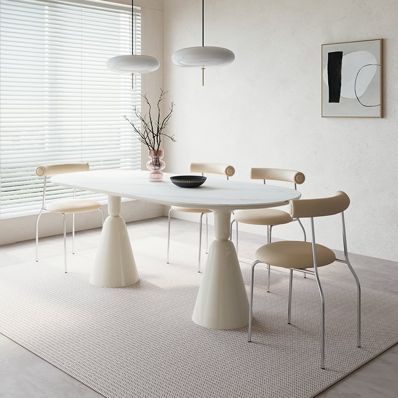 Modern 6-Seater Dining Table Set Travertine Oval Table with Sintered Stone and Chair Complete Dining Room Furniture