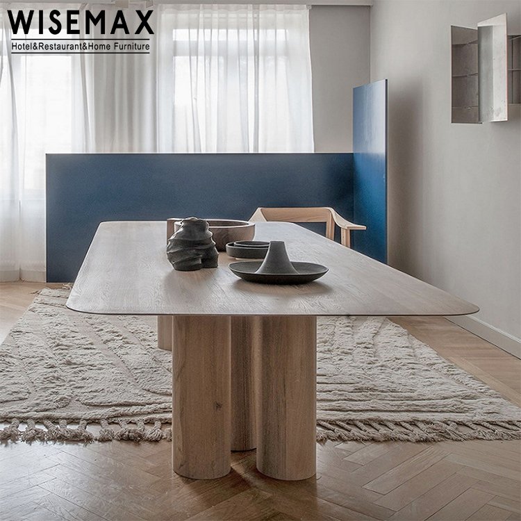 WISEMAX FURNITURE Minimalist dining room furniture Rectangle solid wood top wooden column base 6 8 seat home dining table
