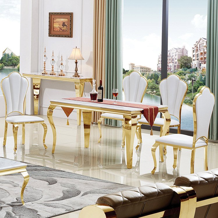 factory price Modern 8 Seat Dining Room Furniture Gold Stainless Steel Marble Dining Table Luxury