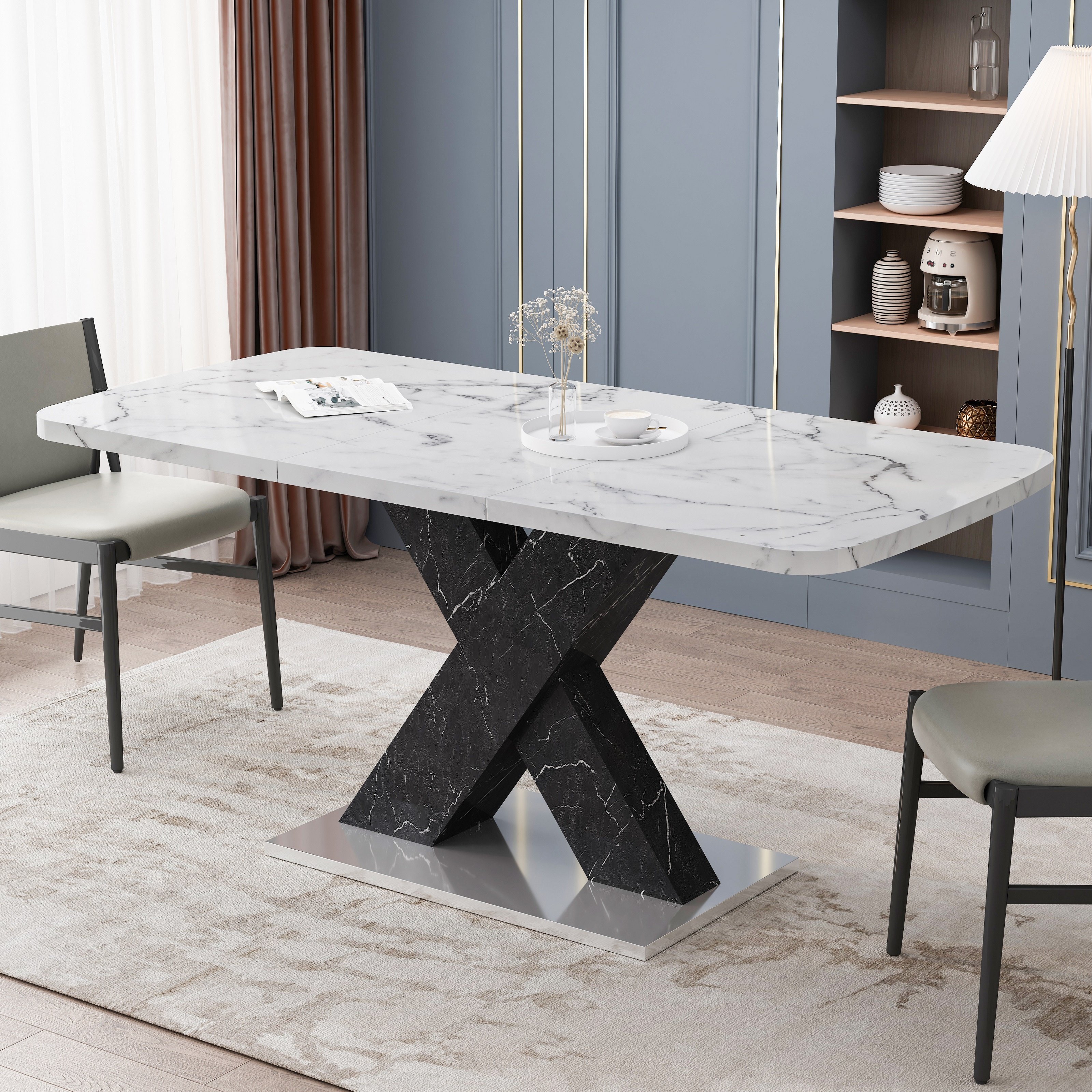 Square Dining Table Stretchable White Marble Table Top+mdf X-shape Table Leg with Metal Base Modern Home Furniture