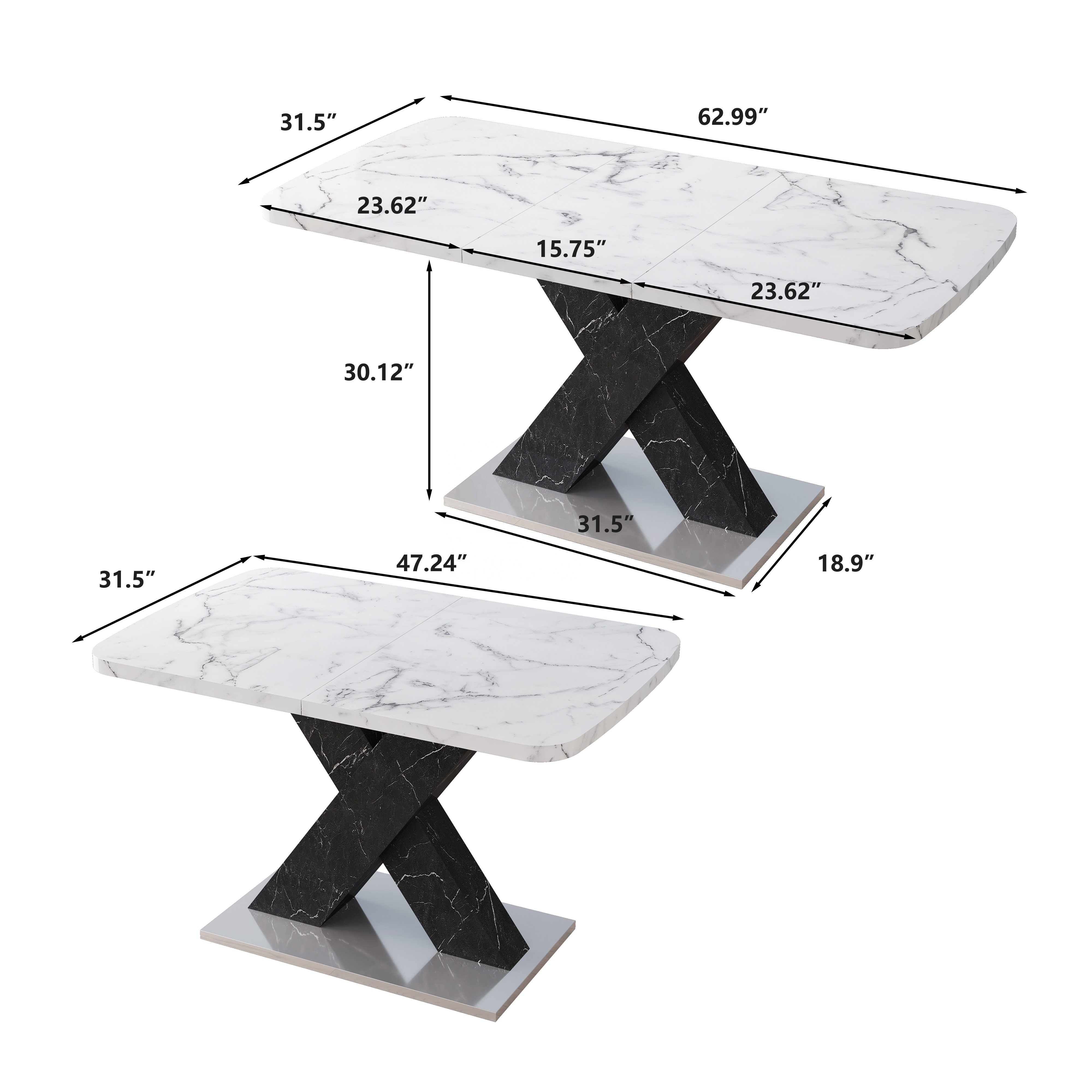 Square Dining Table Stretchable White Marble Table Top+mdf X-shape Table Leg with Metal Base Modern Home Furniture
