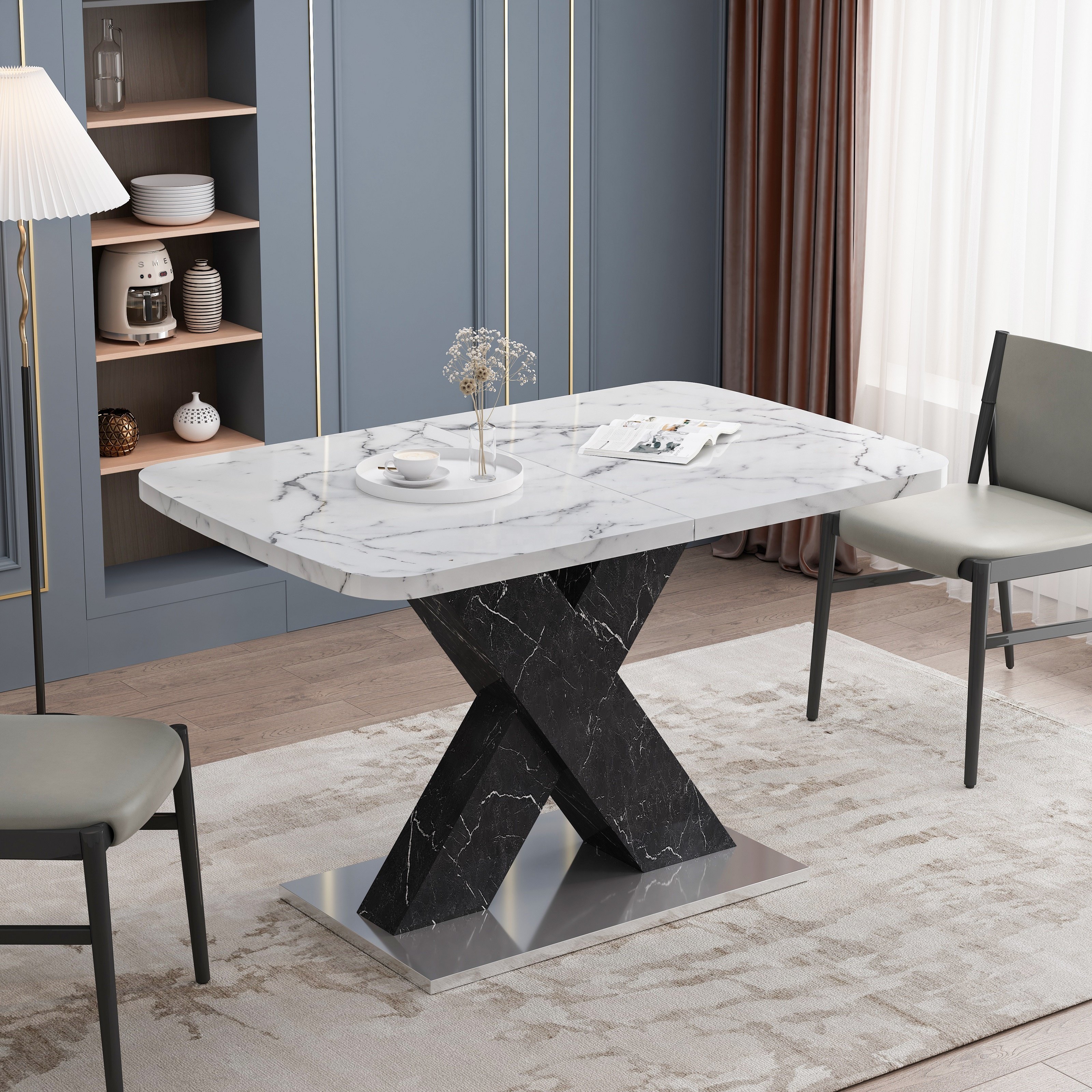 Square Dining Table Stretchable White Marble Table Top+mdf X-shape Table Leg with Metal Base Modern Home Furniture