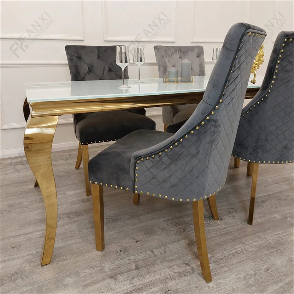 Hotel furniture extendable dinning table set marble dining table and lion handle grey chairs modern restaurant dining tables