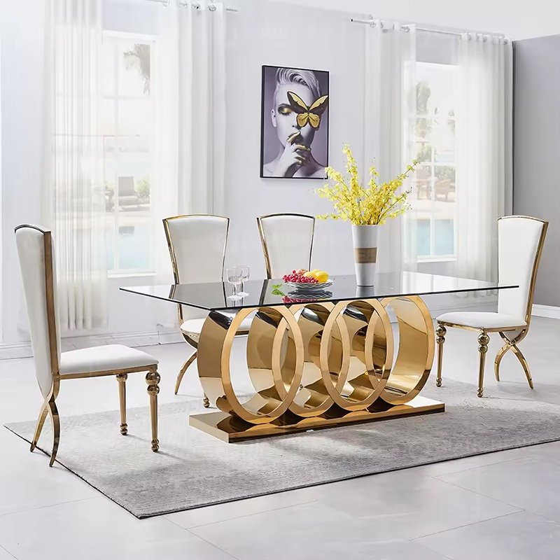 Modern Luxury golden stainless steel dining table with marble top for dining room furniture dining table set