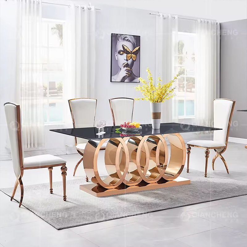 Modern Luxury golden stainless steel dining table with marble top for dining room furniture dining table set