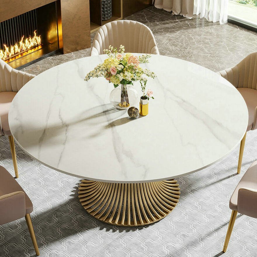 Dining Room Furniture Golden Brushed Stainless Steel Luxury Modern Sintered Stone Top Round Dining Table