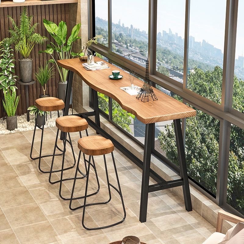 Side Solid Wood Bar Home Living Room Small Apartment Wall Bar Table Chair Nordic Natural Table Milk Tea Shop High Bar Metal Iron