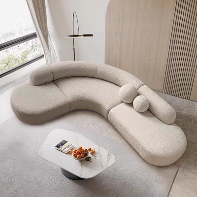Italian Light Luxury Curved Sofa with Irregular Corner and Large Family Living Room Design Teacher' Milk White Sofa