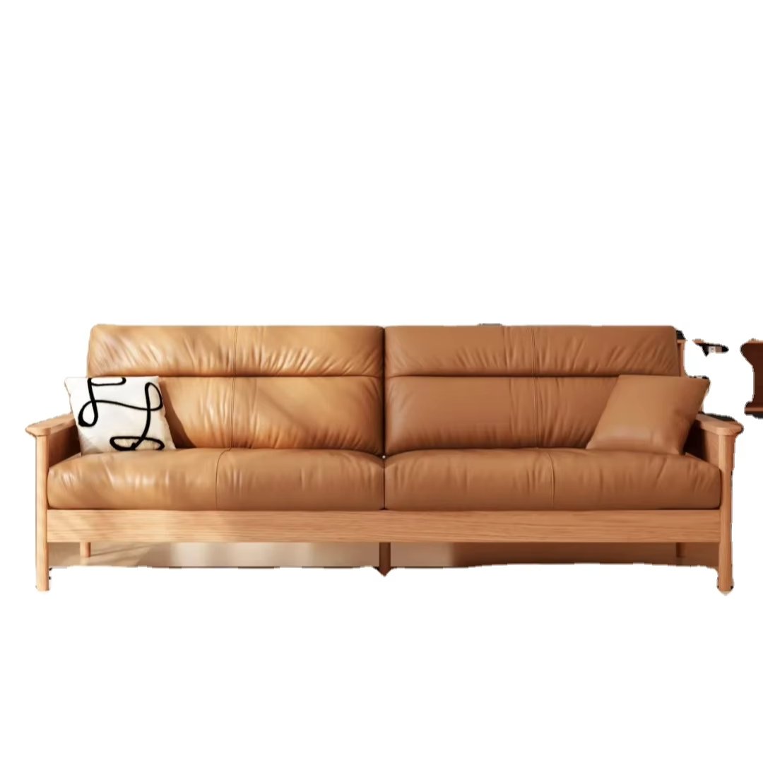Chinese style solid wood sofa Rubber wood wood color living room sofa small apartment can be disassembled and washed three sofa