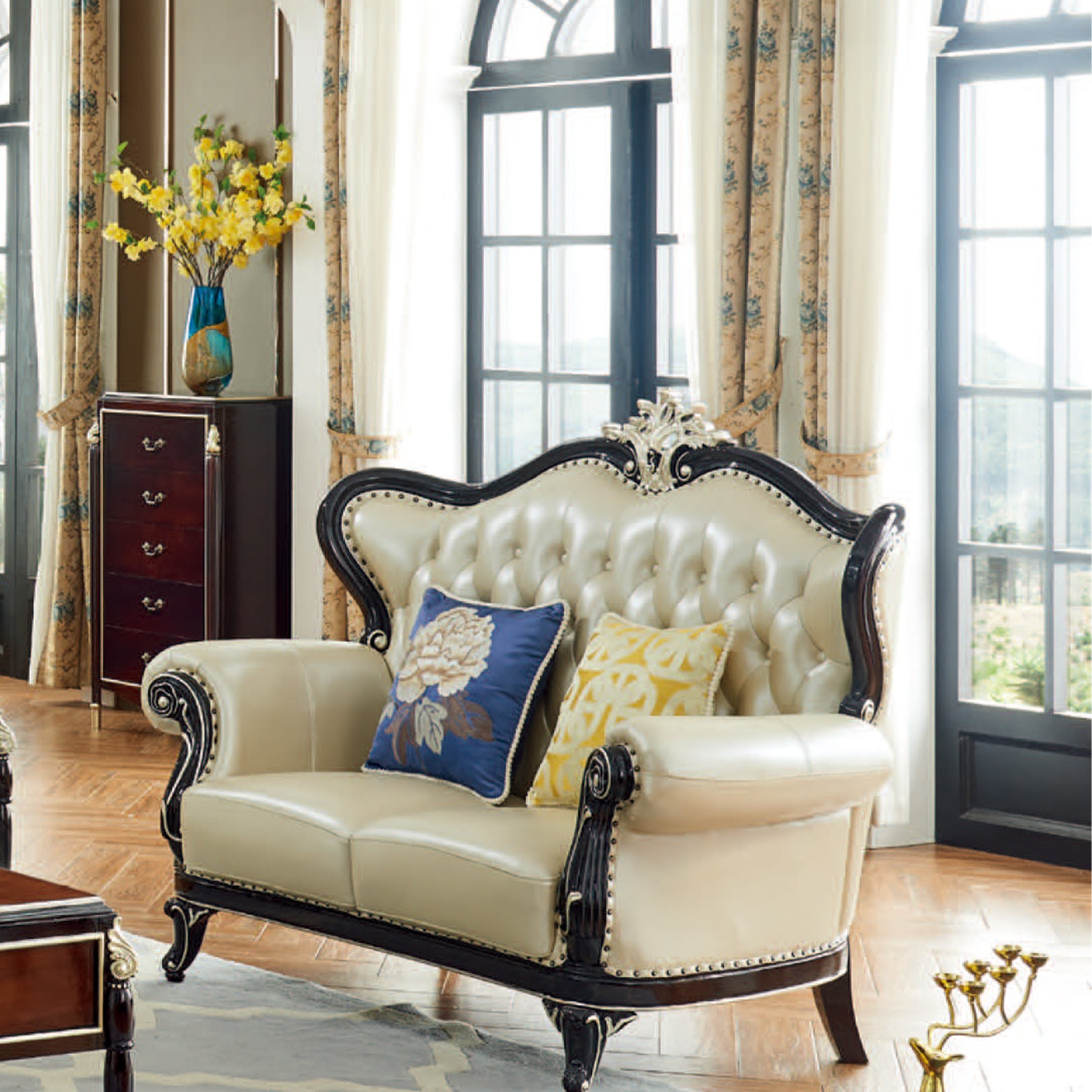 Low price home furniture living room couch set European luxury classic carved solid wood frame genuine leather 1 2 3 seater sofa