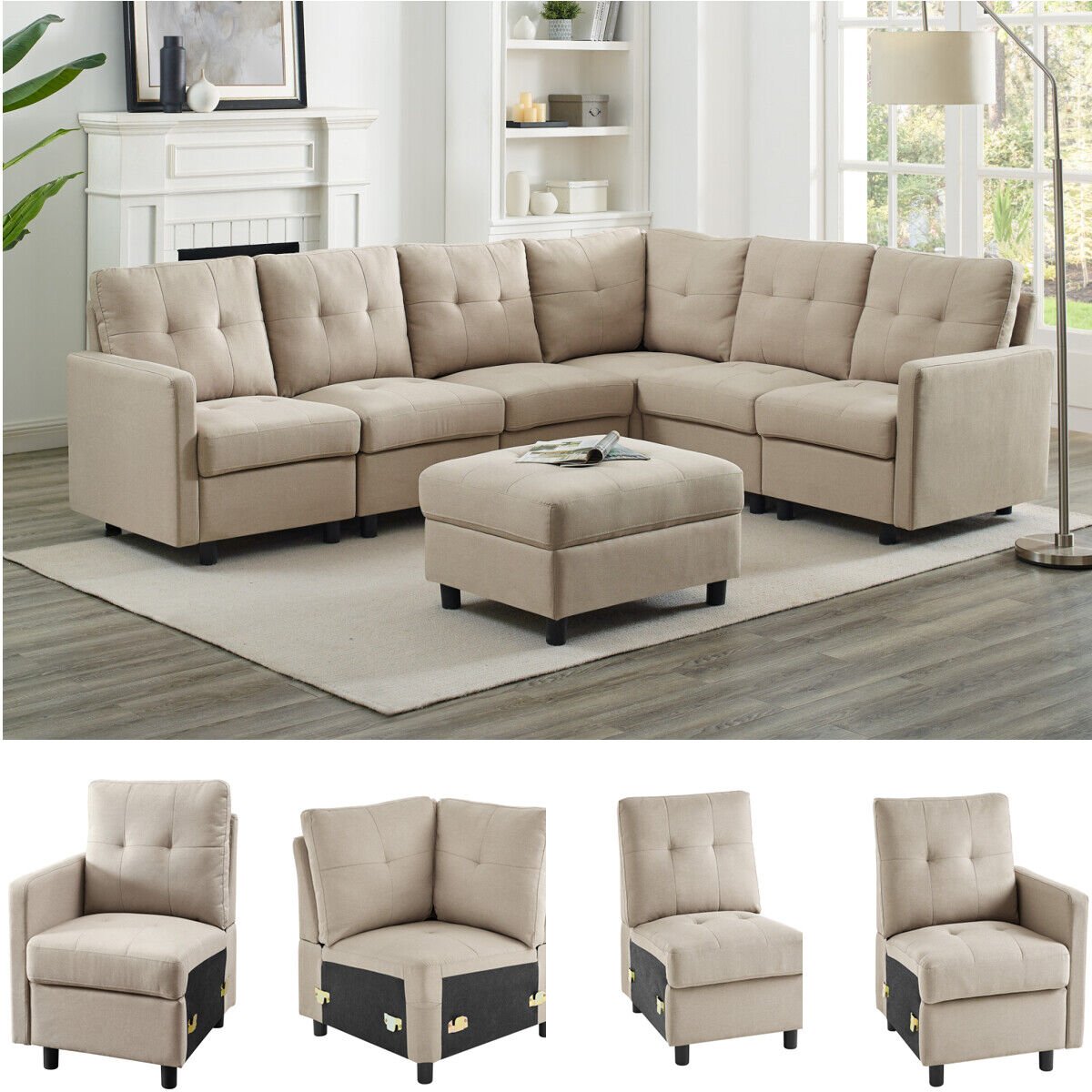 Wholesale Factory Modern Linen Fabric with Reversible Chaise L-Shaped Couch Cloth Sofa