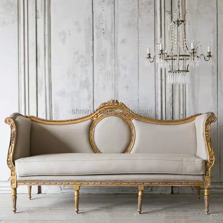 French luxury villa homestay living room solid wood carving retro gold three person sofa