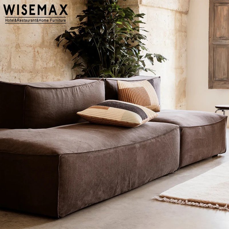 WISEMAX FURNITURE Light Luxury Nordic L Shaped Sofa Living Room Furniture Linen Fabric Pine Wooden Sofa For Home Hotel Villa